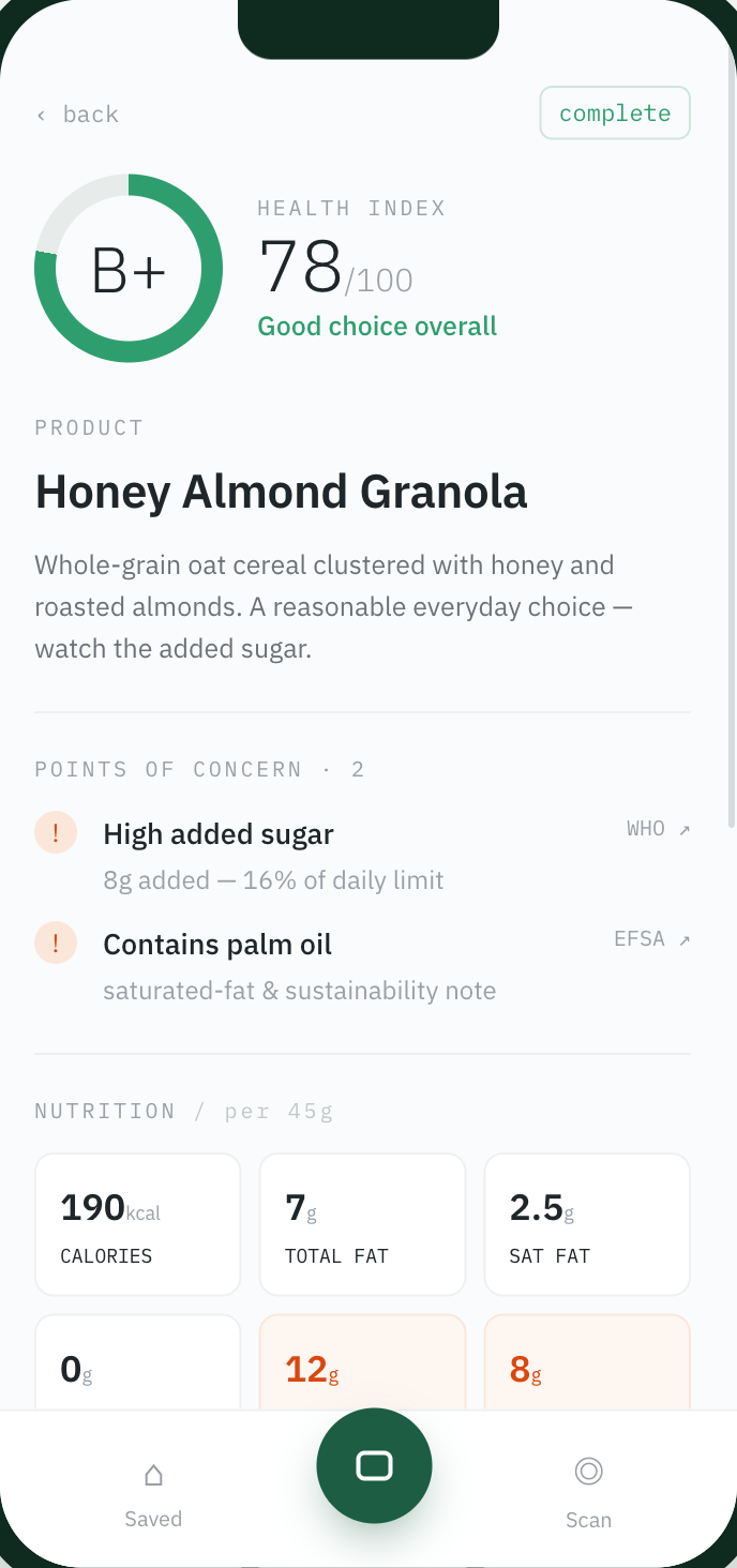 NutriWatch analysis report — B+ health index with cited concerns and nutrition breakdown
